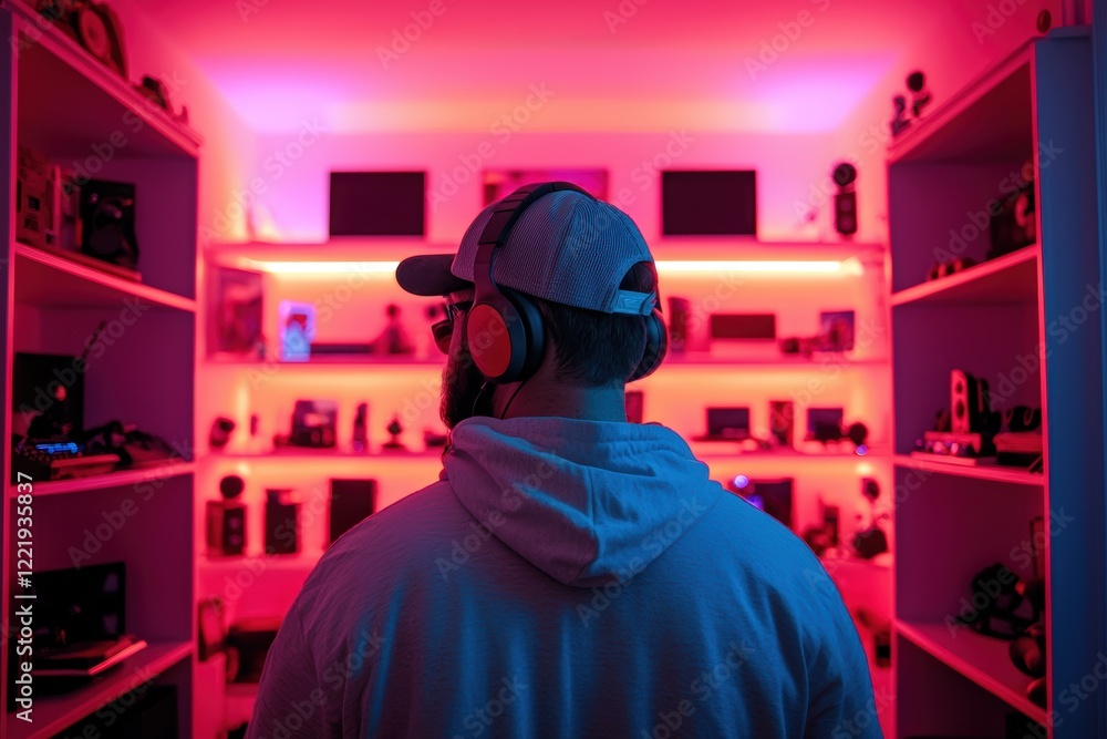 Man in Headphones Facing Away in a Vibrant Pink and Purple Lit Room Filled with Electronics Man in Headphones Facing Away in a Vibrant Pink and Purple Lit Room Filled with Electronics