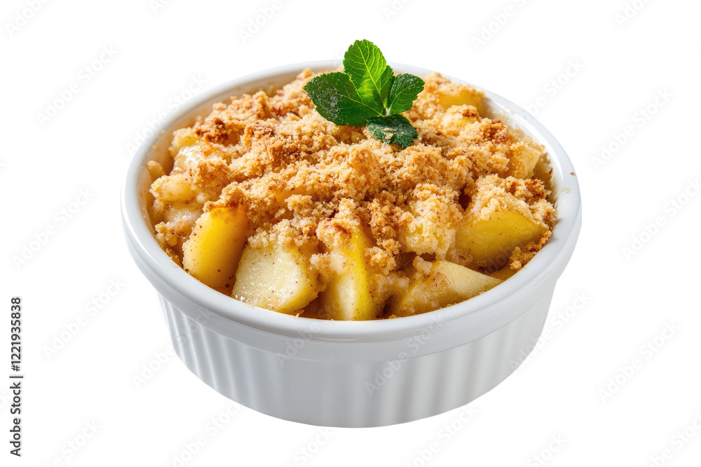 Classic apple crumble with golden topping in white ceramic dish isolated on white or transparent, PNG Classic apple crumble with golden topping in white ceramic dish isolated on white or transparent, PNG