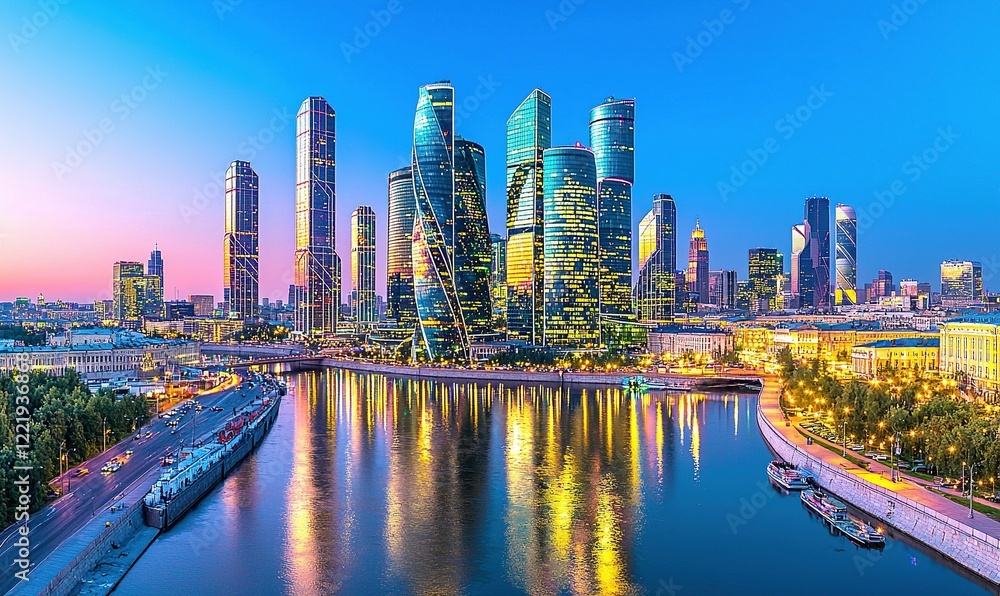 Fototapeta premium Moscow City skyscrapers at sunset reflecting in Moskva River