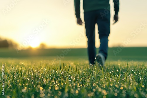 Person Walking in a Dew Covered Field at Sunrise