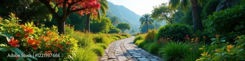 Patamar de cimento em madeira com jardim ao fundo, becos, madeira photo