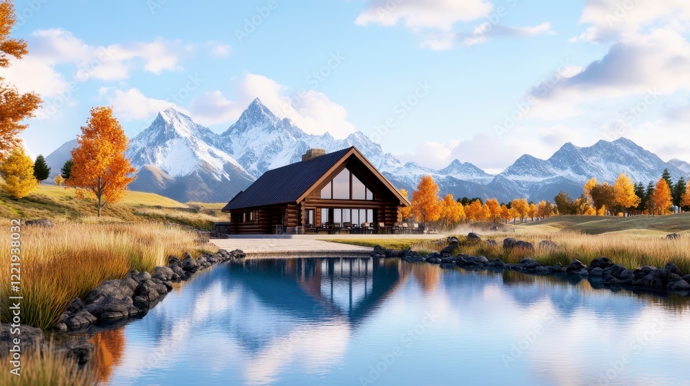 Fototapeta premium Tranquil Mountain Lodge with Scenic Reflection in Calm Water