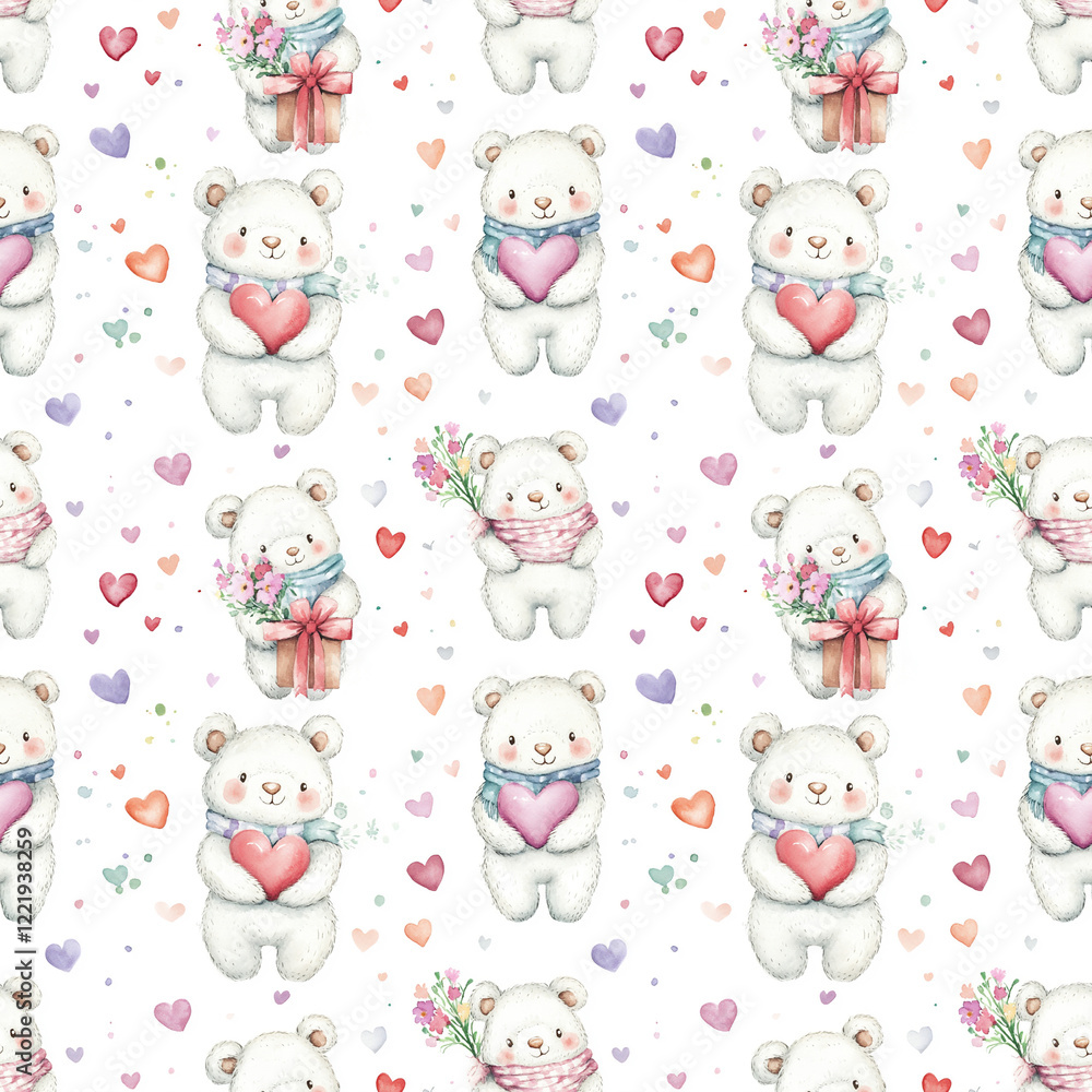 Cute bears holding hearts and flowers in a whimsical pattern designed for children's decor Cute bears holding hearts and flowers in a whimsical pattern designed for children's decor