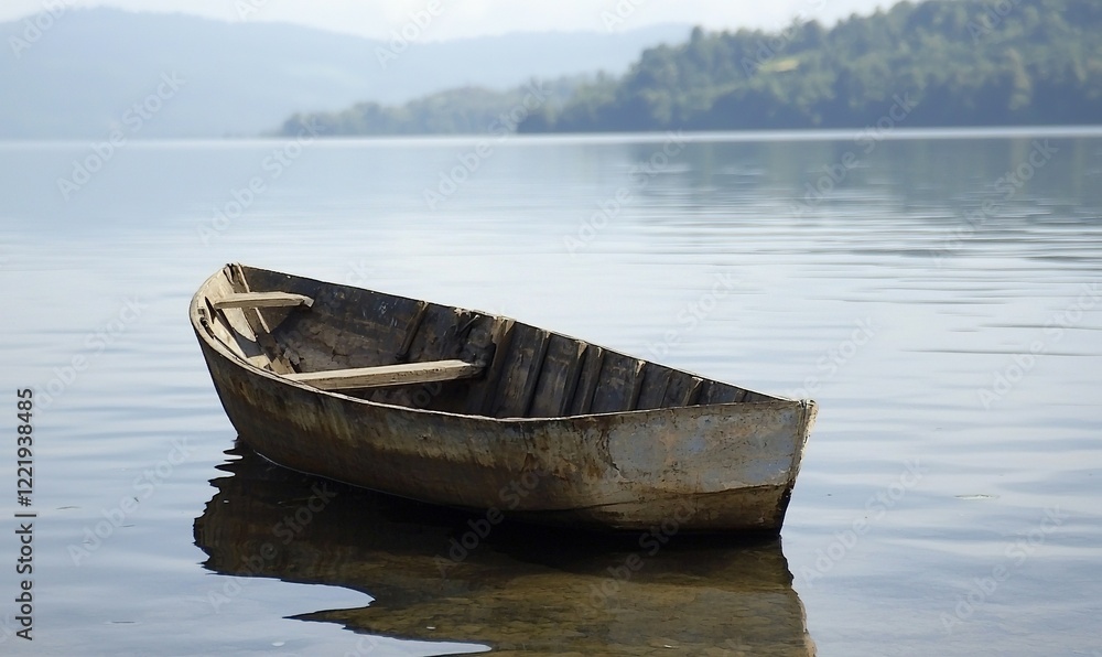 Old wooden boat on calm lake with forested hills background. Ideal for travel or nature themes
