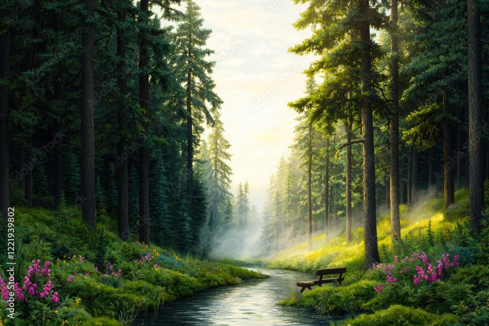 Obraz premium Serene Forest River Landscape with Morning Sunlight and Mist