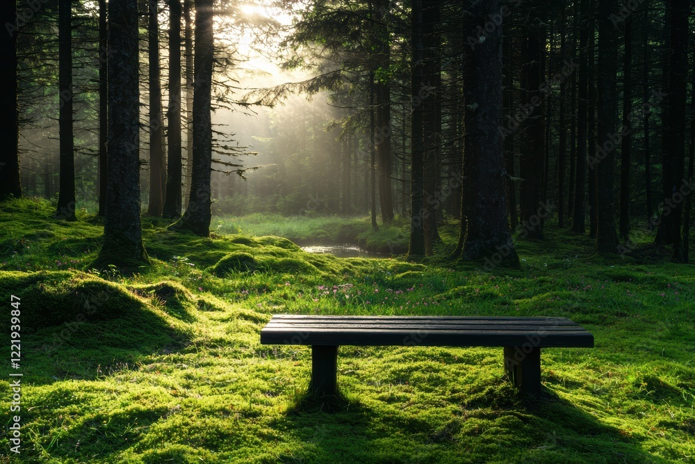Serene Forest Sunrise A Wooden Bench Beckons in the Misty Dawn Serene Forest Sunrise A Wooden Bench Beckons in the Misty Dawn