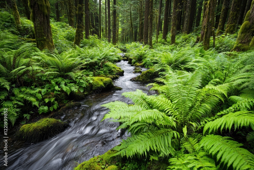 Serene Forest Stream with Lush Greenery and Flowing Water Serene Forest Stream with Lush Greenery and Flowing Water