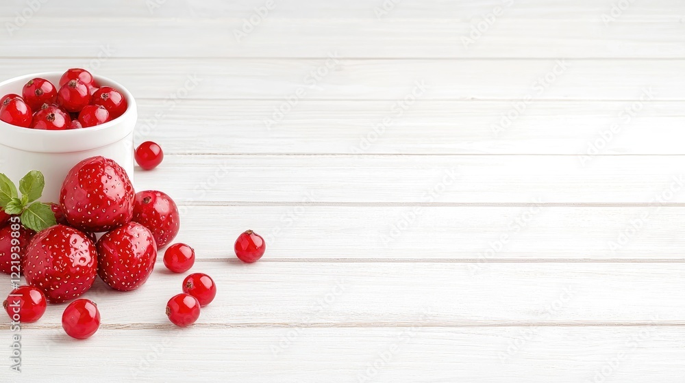 Fresh strawberries and red currants on white wood, healthy food Fresh strawberries and red currants on white wood, healthy food