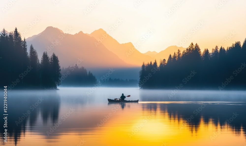 Serene Kayaking at Sunrise on a Misty Mountain Lake Serene Kayaking at Sunrise on a Misty Mountain Lake