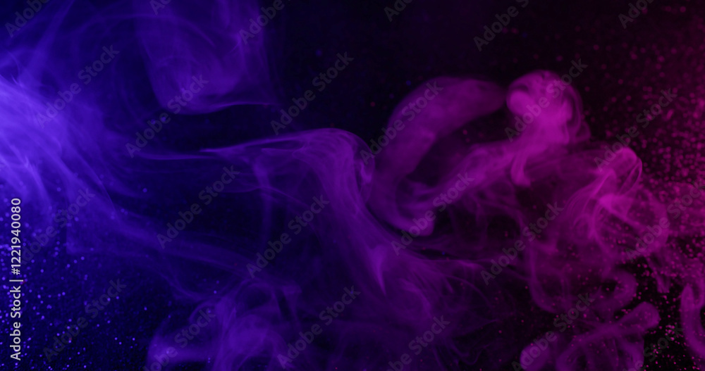 Fototapeta premium Multicolor ink. Smoke spray. Violet purple puff streams spreading in dark water. Neon defocused abstract night texture background.
