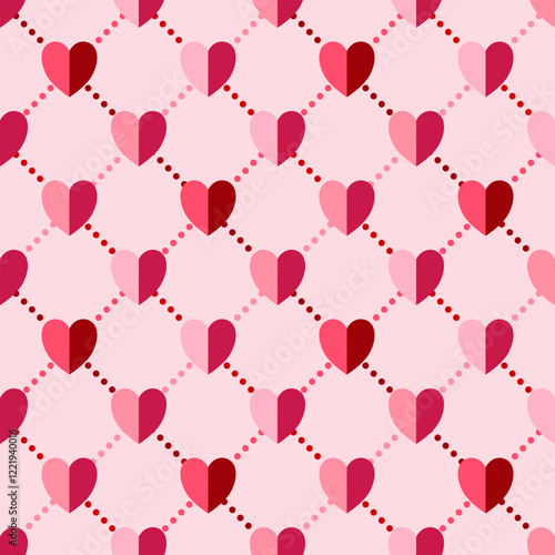 Valentine red and pink hearts and dots line on lite pink background. Vector seamless pattern. Design for decoration, wrapping paper, wallpaper, background and St. Valentine's Day decoration.