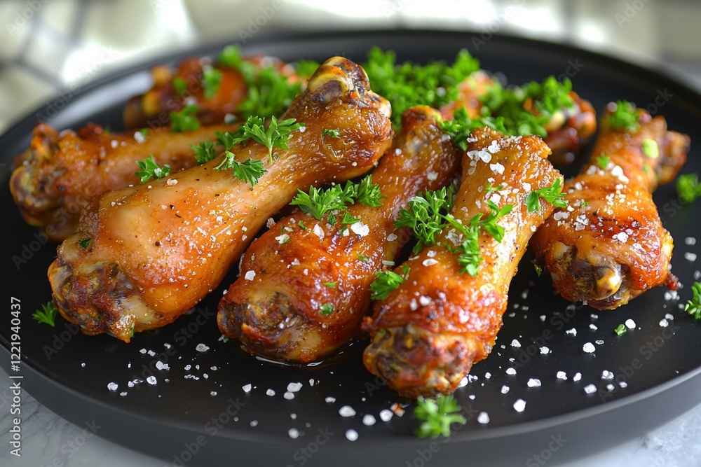 Fototapeta premium Air fryer chicken topped with dry herbs and sauce