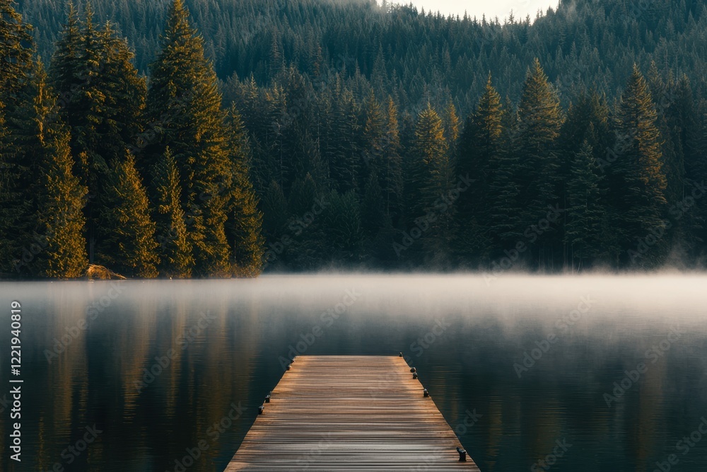 Serene Lakeside Dawn A Wooden Dock Extending into a Misty Morning Serene Lakeside Dawn A Wooden Dock Extending into a Misty Morning