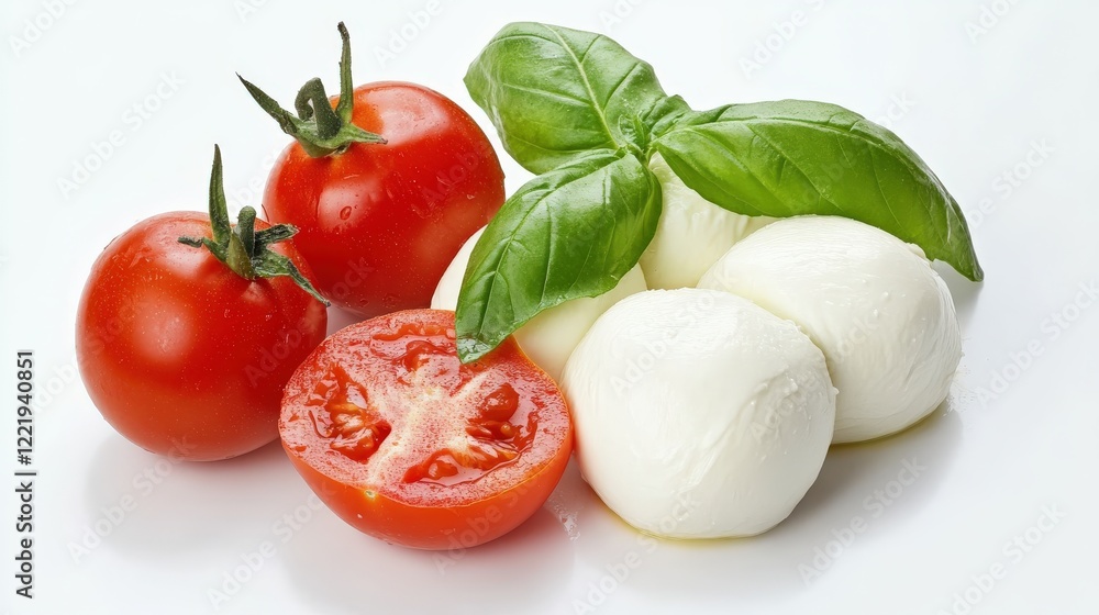 Fresh Mozzarella with Basil and Tomatoes on White Background Fresh Mozzarella with Basil and Tomatoes on White Background