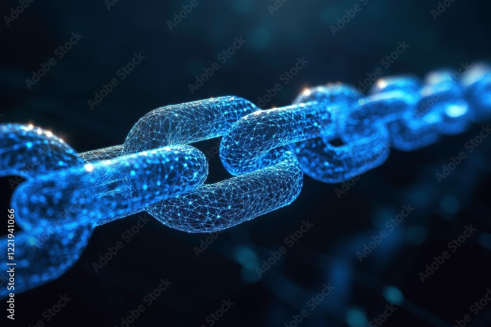 A futuristic blue chain link with a glowing, digital appearance symbolizes connectivity and security in technology. A futuristic blue chain link with a glowing, digital appearance symbolizes connectivity and security in technology.
