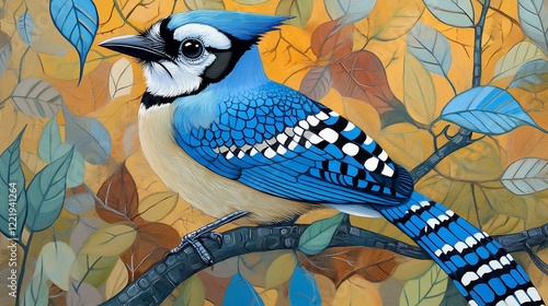 Stylized Blue Jay Illustration with Fall Leaves,  Colorful Bird Art on a Branch photo