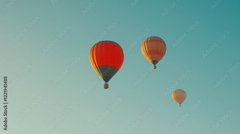 Fototapeta premium Up, Up, and Away: Colorful Hot Air Balloons Symbolizing Freedom and Adventure in Clear Blue Sky