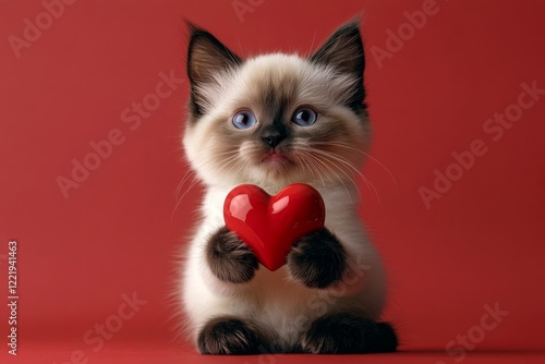 Birman - my preferred cat. Ad idea. Cute birman baby feline with diamond red heart - symbol of love, funny greeting card. Romantic kitten valentine. Cute kitten february photo. Adorable kitte. photo