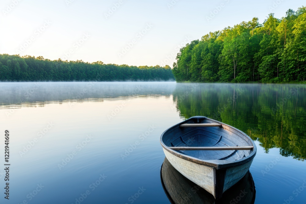 Serene Rowboat on a Misty Lake at Sunrise Serene Rowboat on a Misty Lake at Sunrise