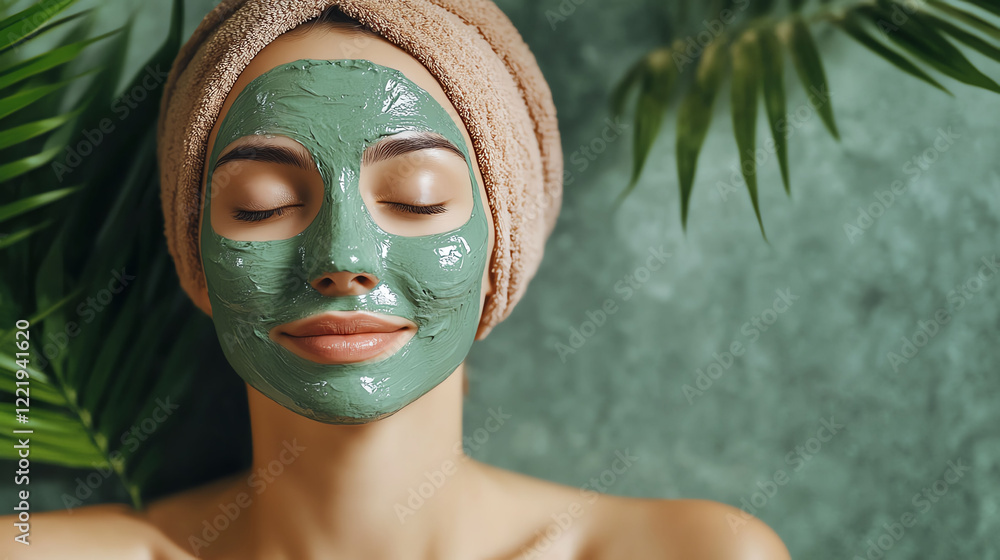 A calming spa aesthetic featuring a woman with her face covered in a detoxifying green mask, surrounded by warm and neutral tones A calming spa aesthetic featuring a woman with her face covered in a detoxifying green mask, surrounded by warm and neutral tones