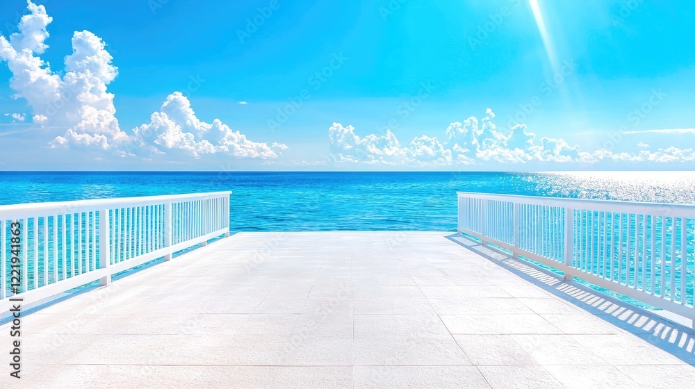 Fototapeta premium White wooden pier overlooking the calm blue ocean under a bright sunny sky.