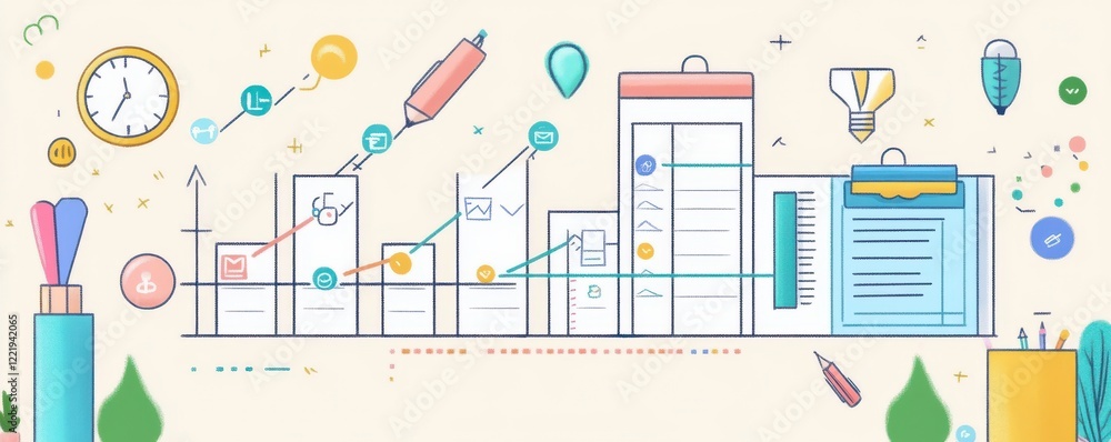 A colorful illustration depicting growth metrics, featuring charts, pens, and various office supplies, symbolizing productivity and success. A colorful illustration depicting growth metrics, featuring charts, pens, and various office supplies, symbolizing productivity and success.