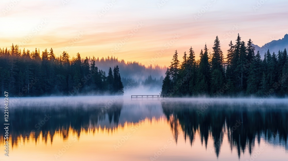 Fototapeta premium Serene Sunrise over Misty Lake with Tree Reflections
