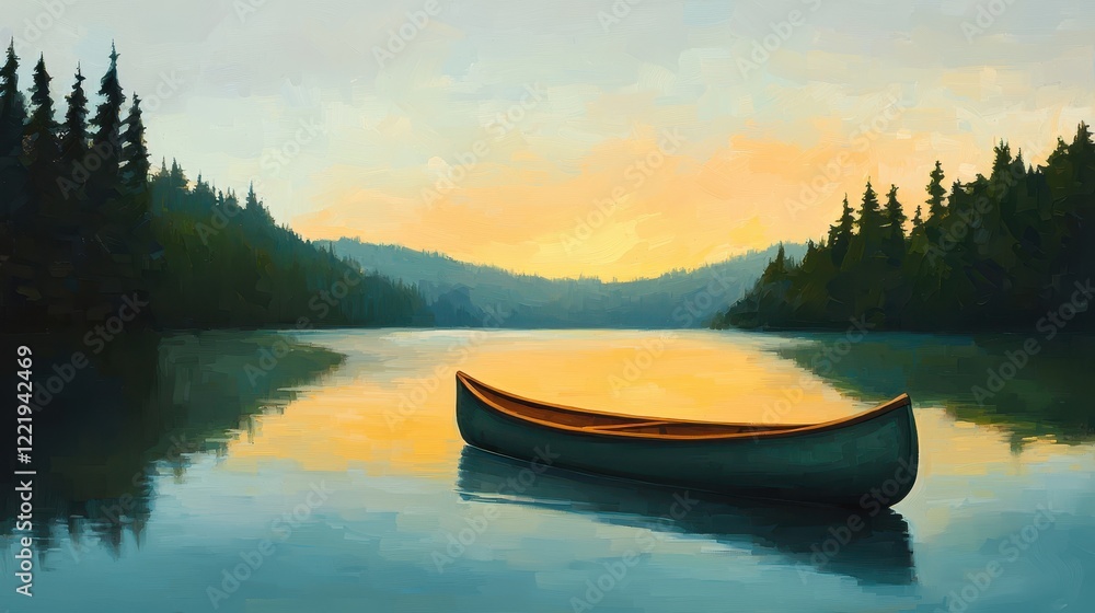 Serene Sunset Over a Calm Lake with a Canoe Serene Sunset Over a Calm Lake with a Canoe