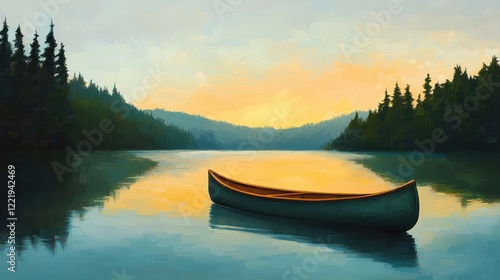Serene Sunset Over a Calm Lake with a Canoe