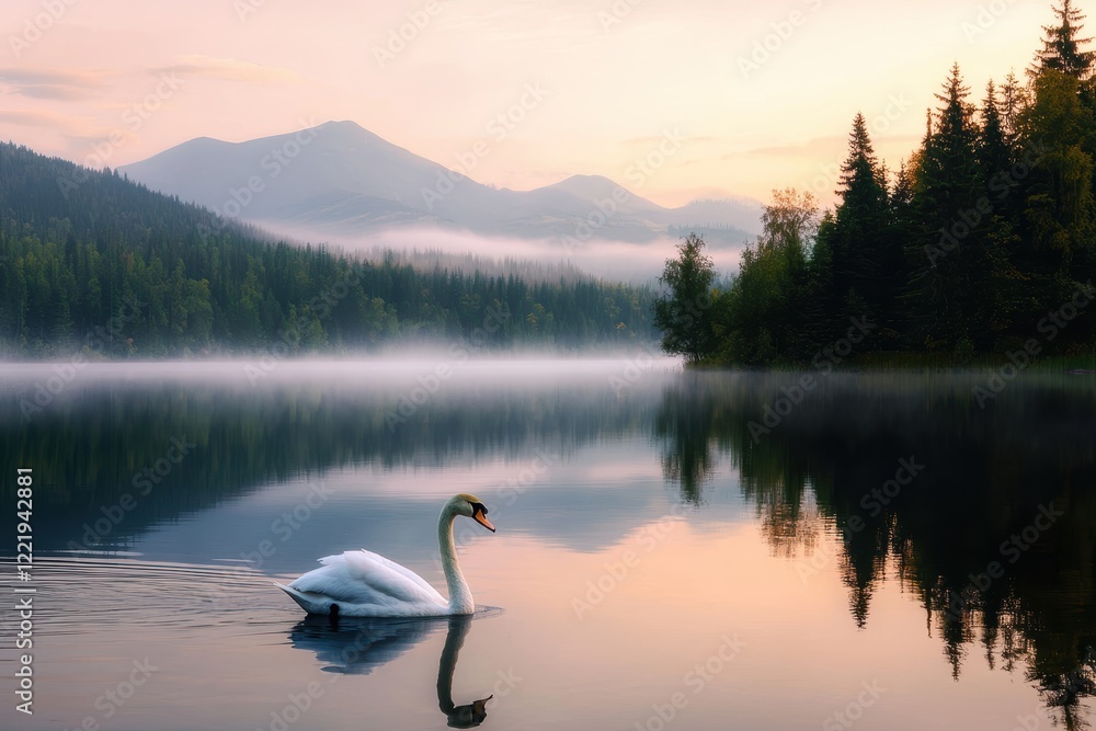 Fototapeta premium Serene Swan on Misty Lake at Sunrise with Mountain Reflections