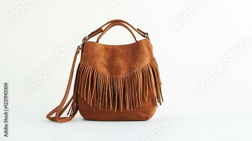 Stylish brown suede fringe hobo bag with shoulder strap on white background