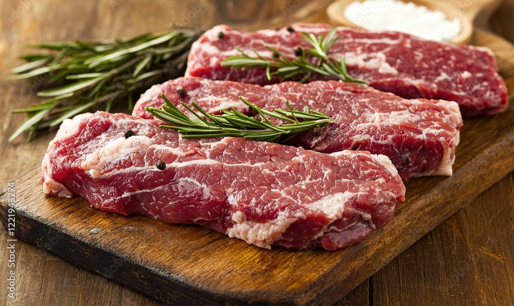 Raw beef steaks on cutting board with rosemary & pepper on rustic wood table Raw beef steaks on cutting board with rosemary & pepper on rustic wood table