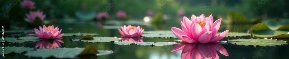 Peonies submerged in a quiet pond with water lilies, plant life, aquatic Peonies submerged in a quiet pond with water lilies, plant life, aquatic
