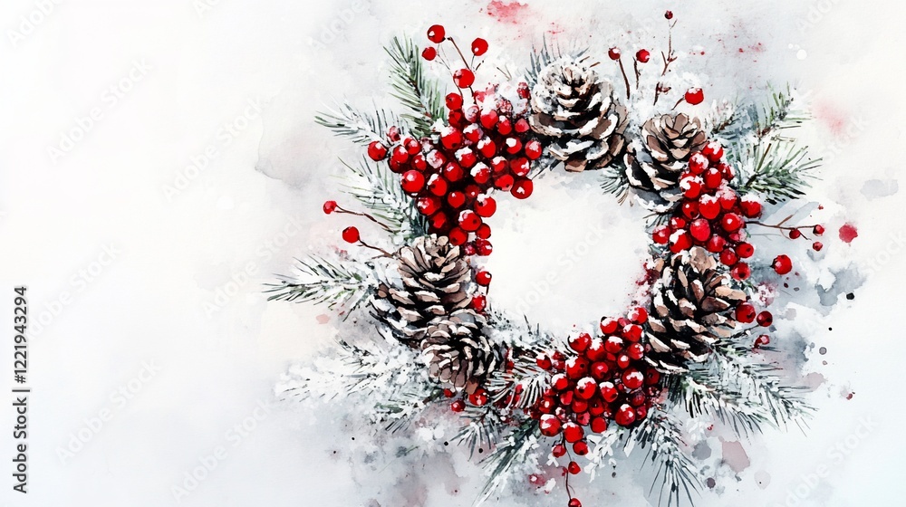 Watercolor Christmas Wreath with Berries and Pinecones on White Background Watercolor Christmas Wreath with Berries and Pinecones on White Background