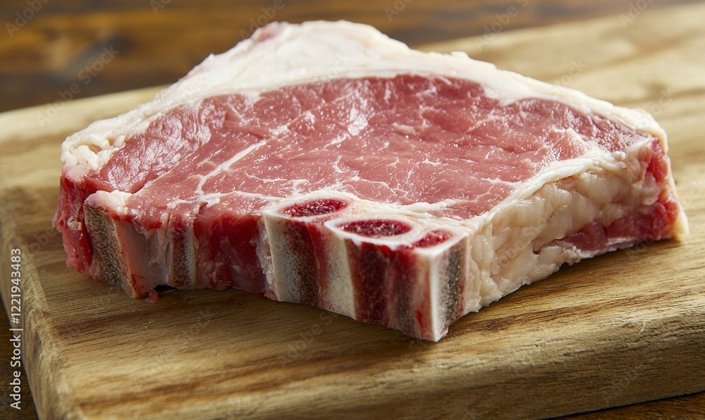 Raw veal chop on wooden cutting board, ready for cooking Raw veal chop on wooden cutting board, ready for cooking