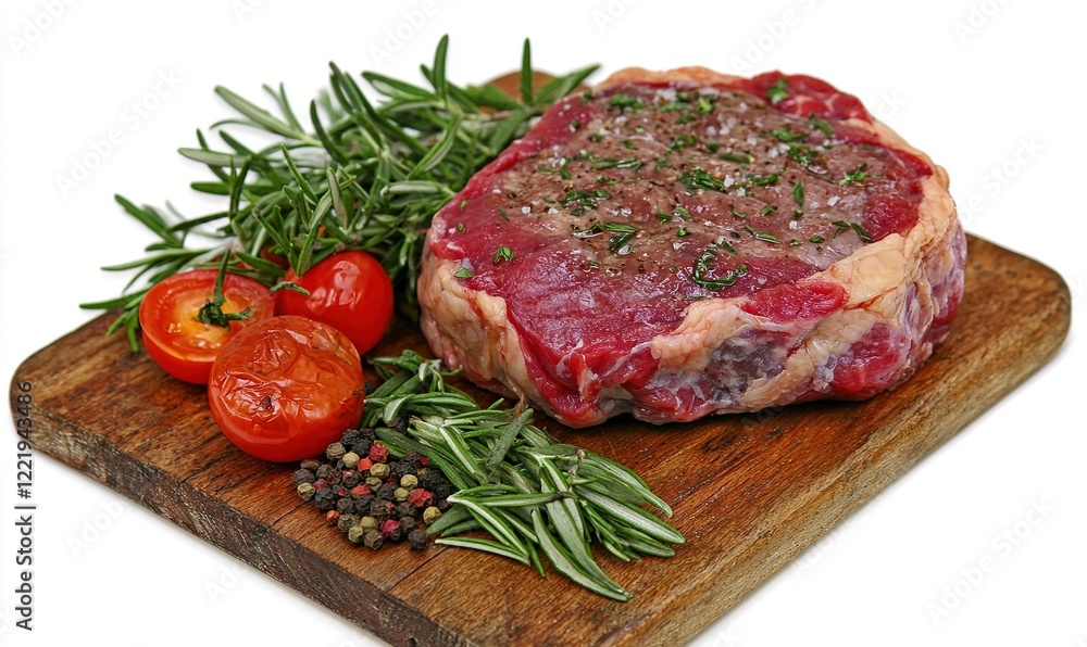 Raw steak with rosemary, tomatoes, and peppercorns on cutting board Raw steak with rosemary, tomatoes, and peppercorns on cutting board