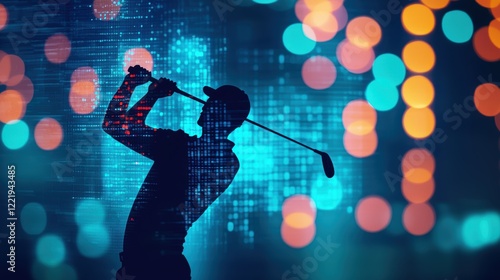 Silhouette of Golfer Swinging Club Against Abstract Digital Background