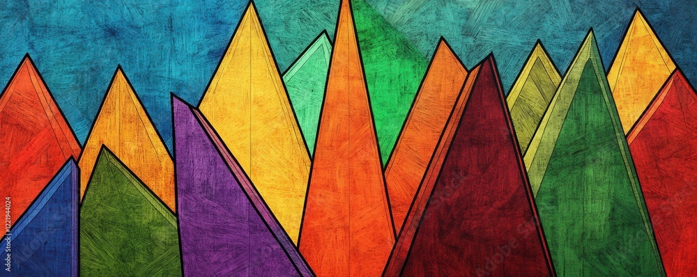 Fototapeta premium A vibrant, abstract representation of colorful, geometric mountain peaks against a textured background.