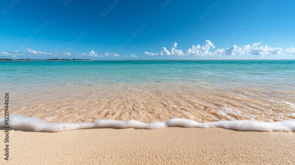Tranquil Beach Scene with Gentle Waves and Clear Blue Sky Over Ocean Tranquil Beach Scene with Gentle Waves and Clear Blue Sky Over Ocean