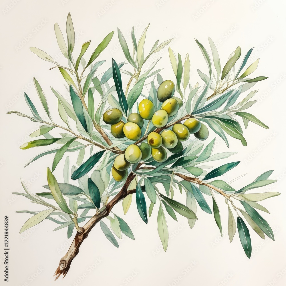 A watercolor illustration depicts an olive branch with green fruits and leaves. A watercolor illustration depicts an olive branch with green fruits and leaves.