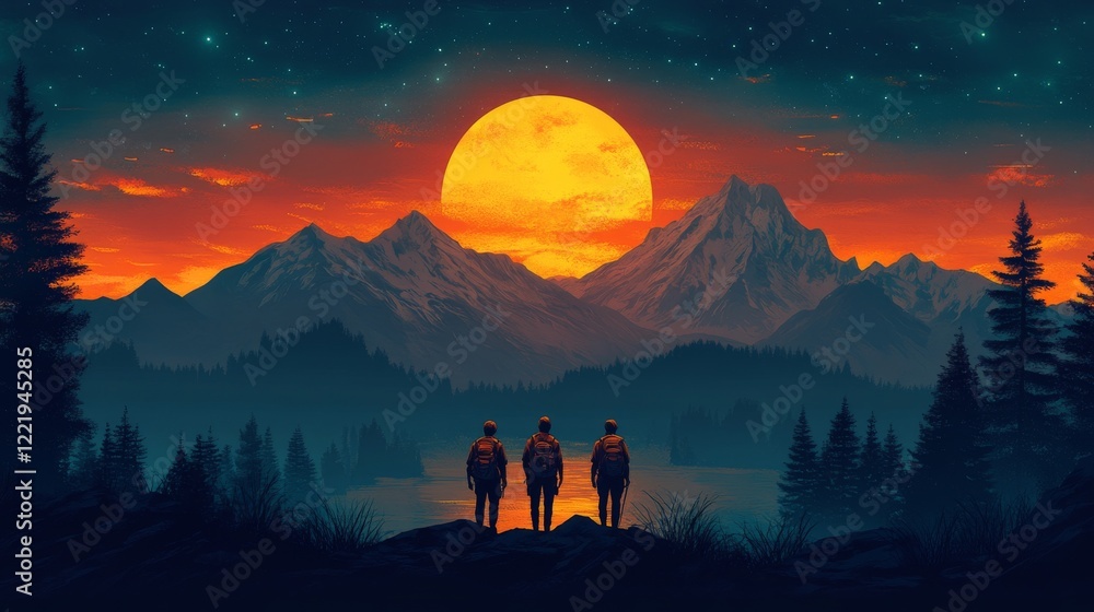 Fototapeta premium Three hikers silhouette against stunning sunset mountain view with a star filled sky offering a sense of adventure and peace