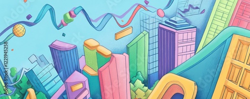 A vibrant, colorful cityscape featuring tall buildings, playful shapes, and dynamic lines against a bright blue background.
