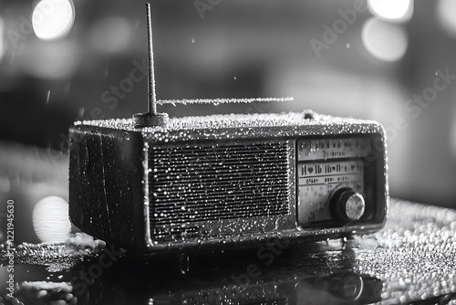 A vintage radio sits in the rain at night, glistening with water drops, evoking a sense of nostalgia and broadcasting history. photo