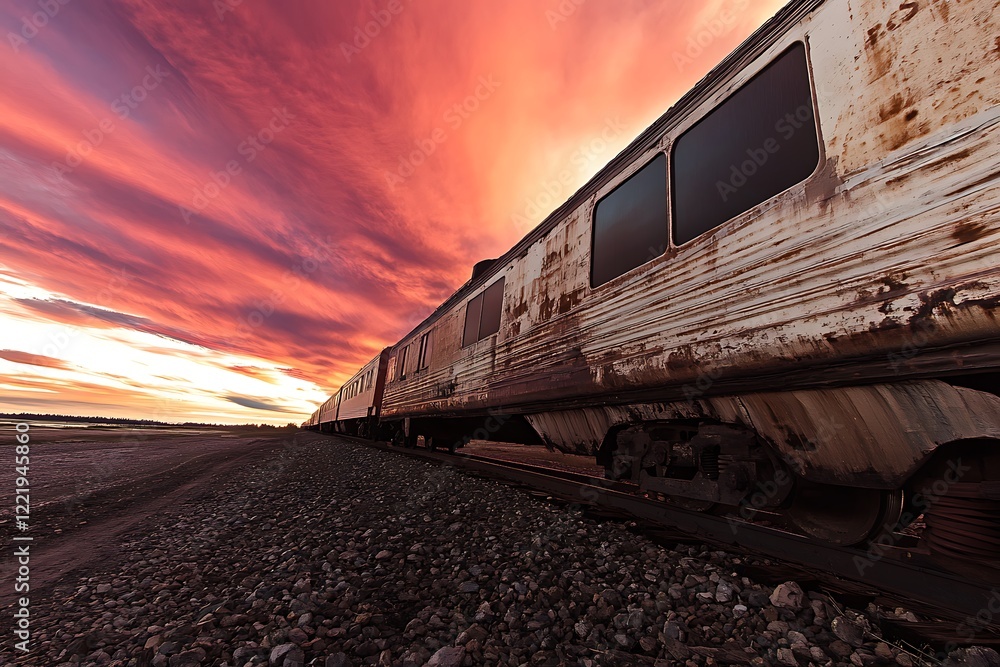 Fototapeta premium Vintage rusty train against the backdrop of a spectacular sunset with red and orange clouds, capturing the beauty of a train journey in the golden hour
