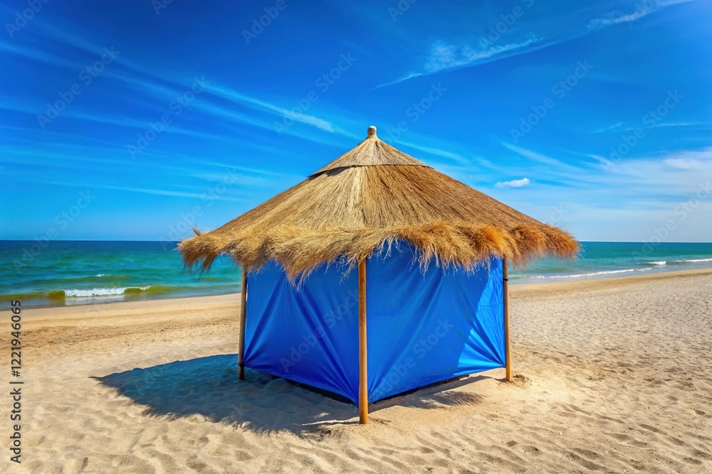 Fototapeta premium Kinburn Spit Beach Scene: Blue Tent, Straw Umbrellas, August 2017