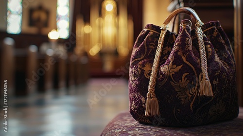 a close-up image of a rich velvet church tithe offering bag with wooden handles, showcasing its texture and craftsmanship against a softly lit altar background. photo