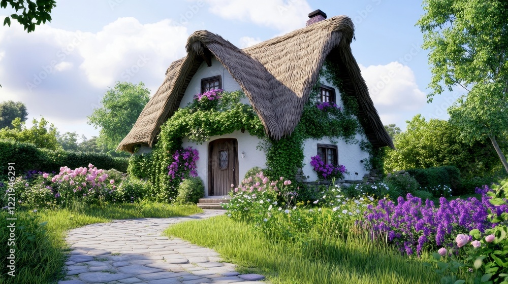 Fototapeta premium Charming Cottage Surrounded by Colorful Garden and Lush Nature