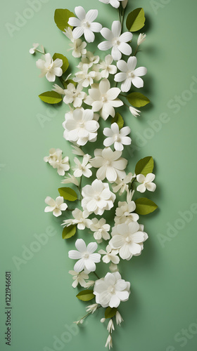 Paper Flowers White Blossoms Green Background Floral Arrangement Vertical Design