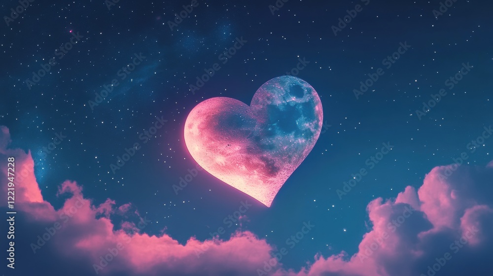 a glowing heart-shaped moon casting soft light over a serene, starry night sky, with subtle pink clouds adding a romantic atmosphere a glowing heart-shaped moon casting soft light over a serene, starry night sky, with subtle pink clouds adding a romantic atmosphere