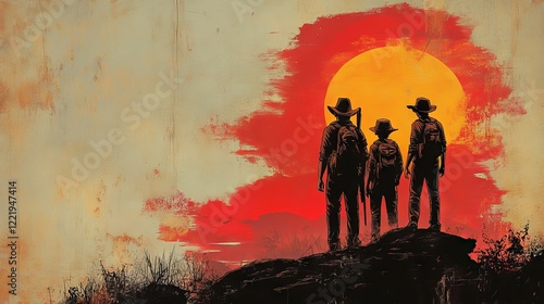 Silhouetted Family Hikers Contemplate a Fiery Sunset Landscape With Textured Artistic Brushstroke Background photo